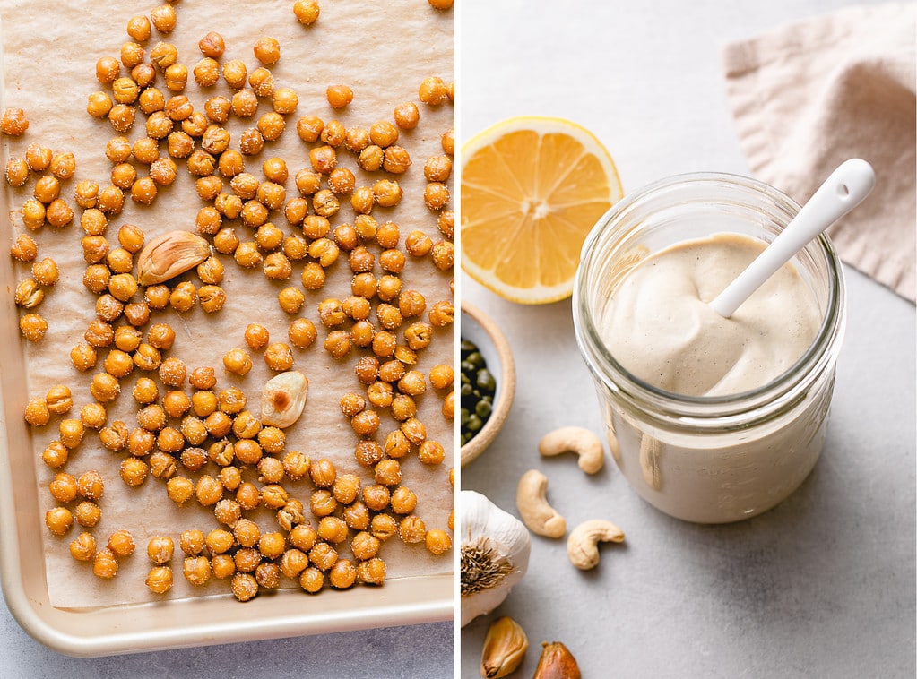 side by side photos of homemade crispy baked chickpeas and vegan caesar dressing.