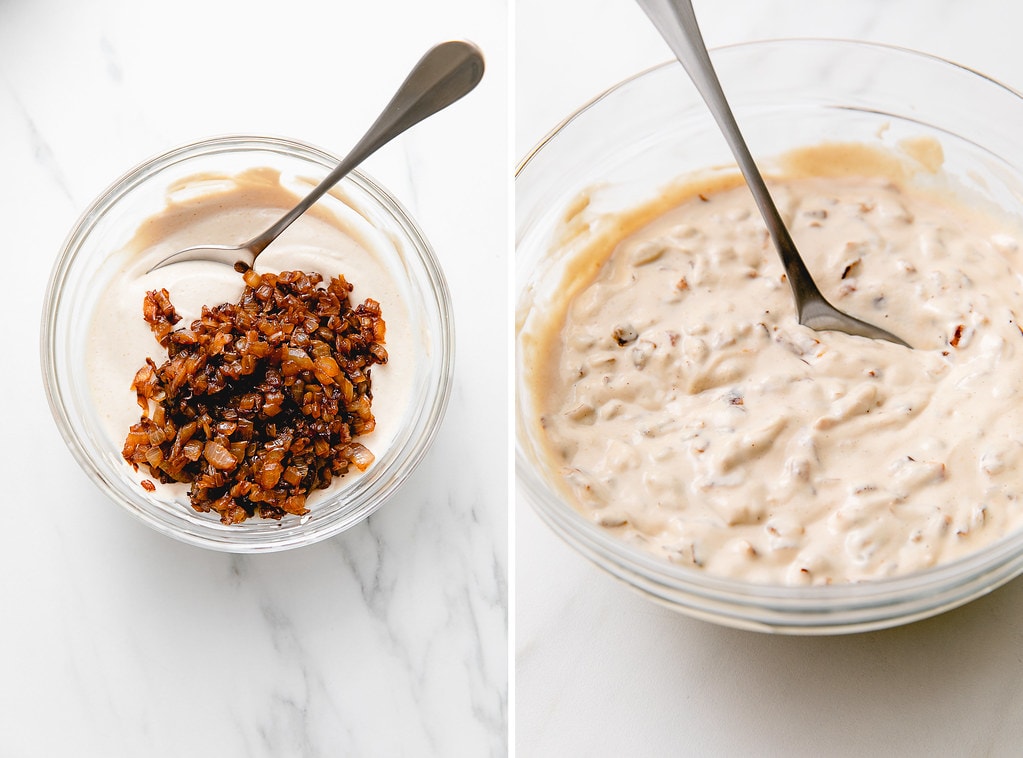 side by side photos showing the process of making plant based french onion dip