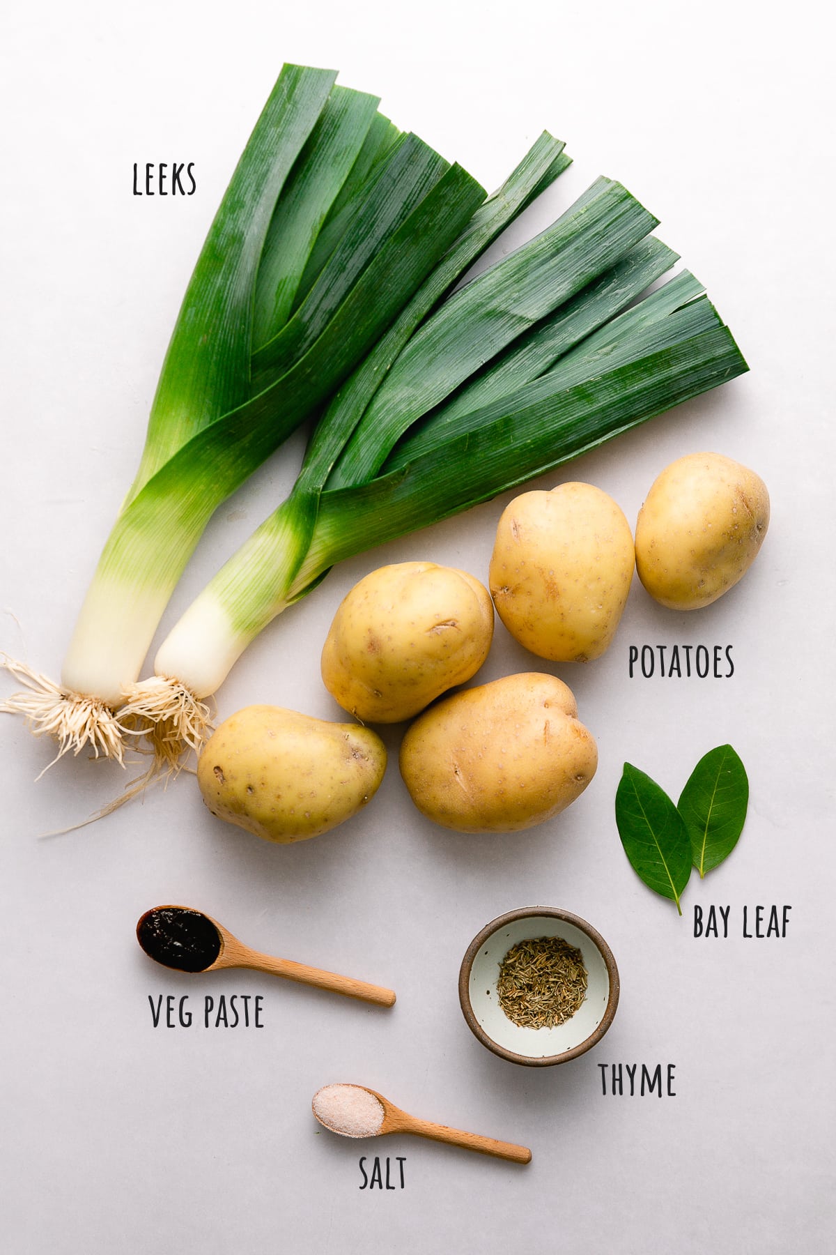 top down view of ingredients used to make the best vegan potato leek soup.