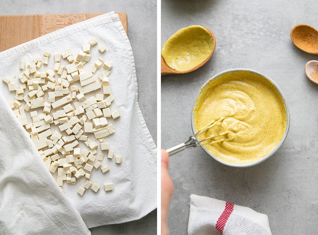 side by side photos showing the process of prepping tofu and egg salad dressing.