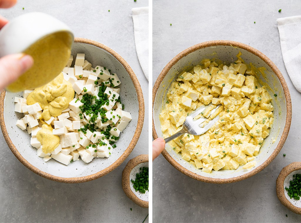 side by side photos showing the process of making vegan egg salad.