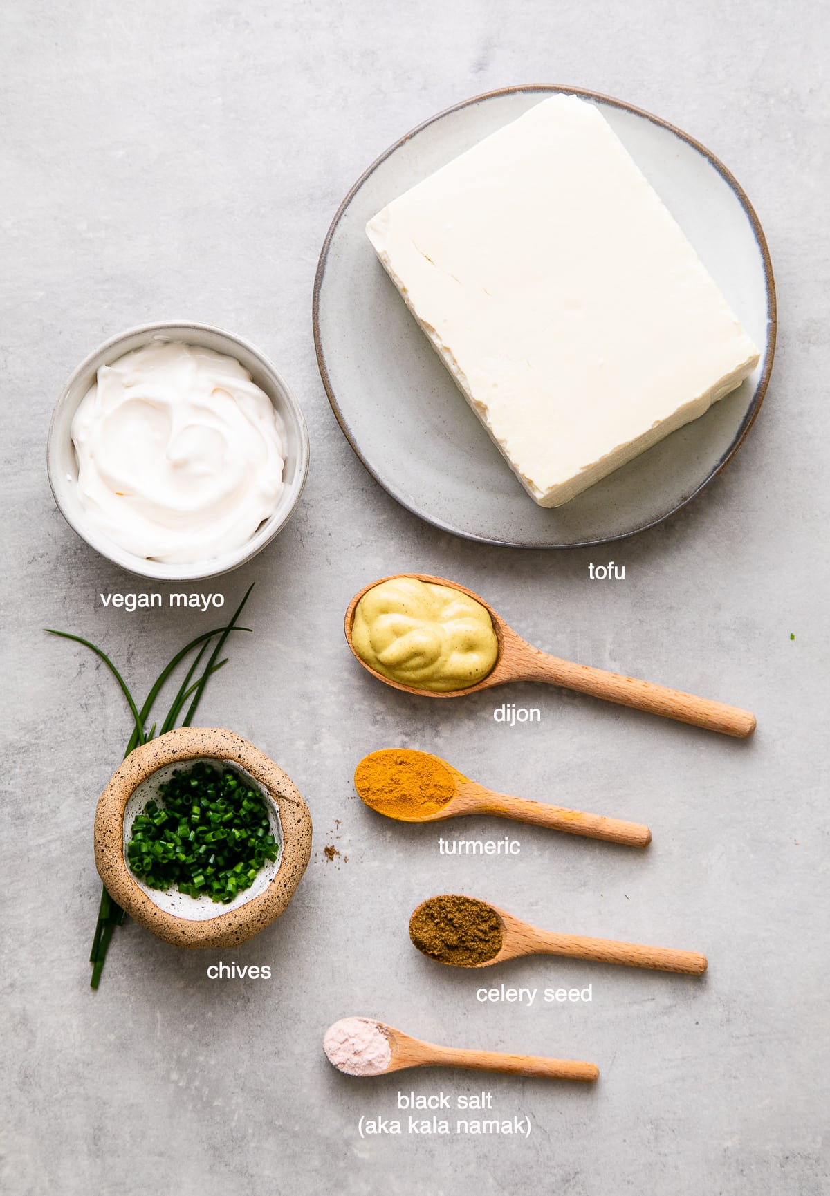 top down view of ingredients used to make best vegan egg salad.