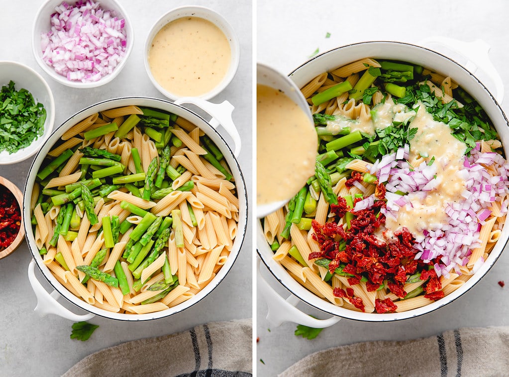 side by side photos showing the process of making asparagus pasta salad.
