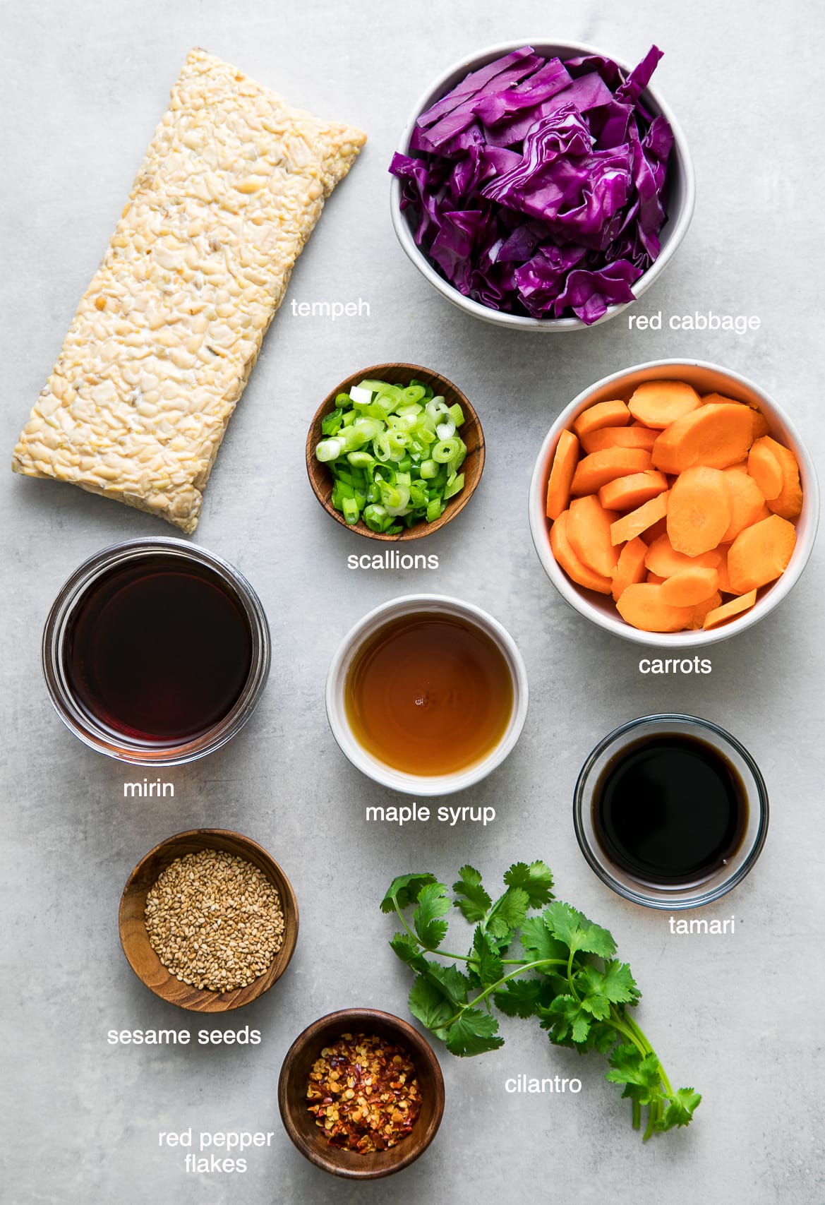 top down view of ingredients used to make maple mirin tempeh stir fry recipe.