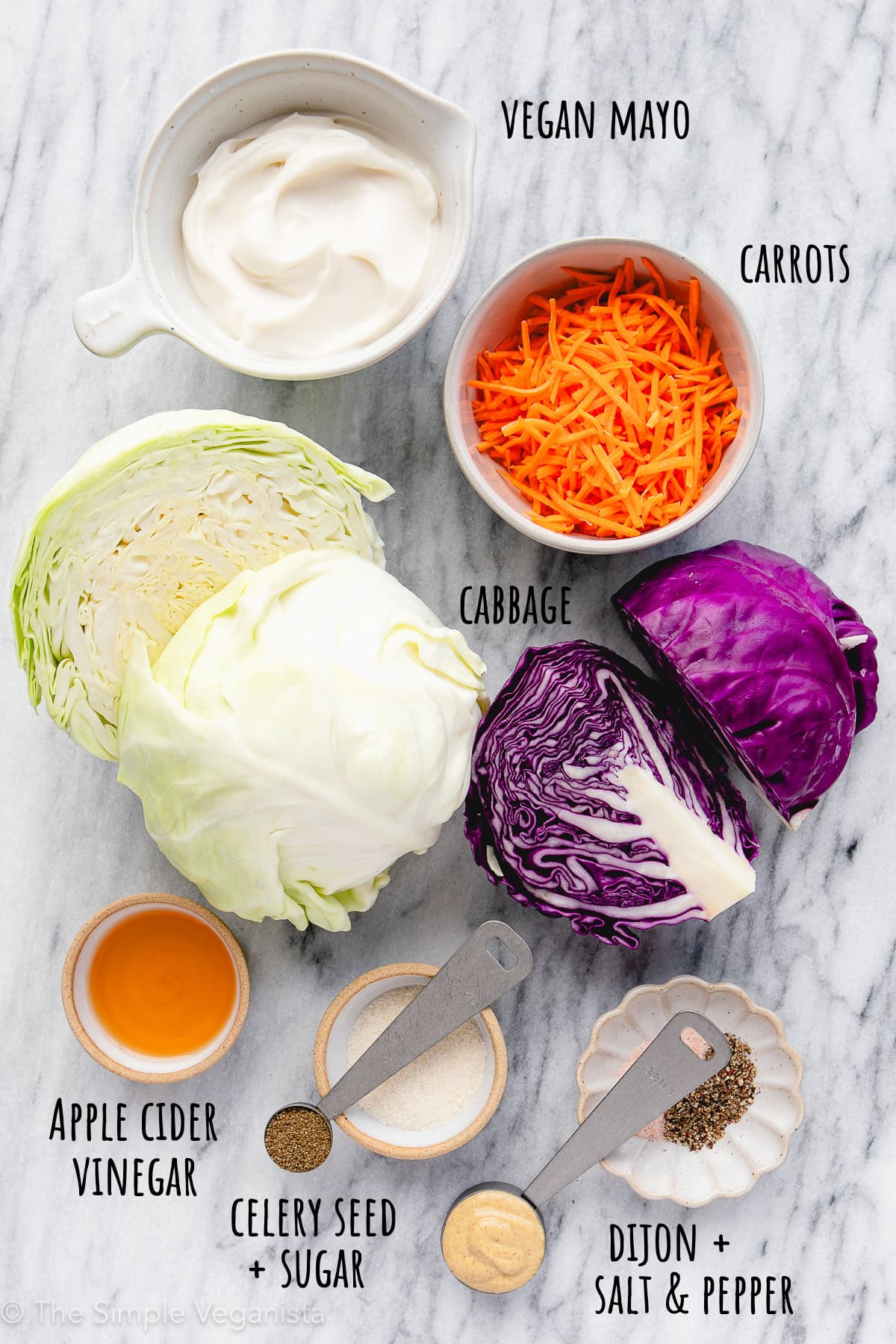 top down view of labeled ingredients used to make vegan coleslaw.