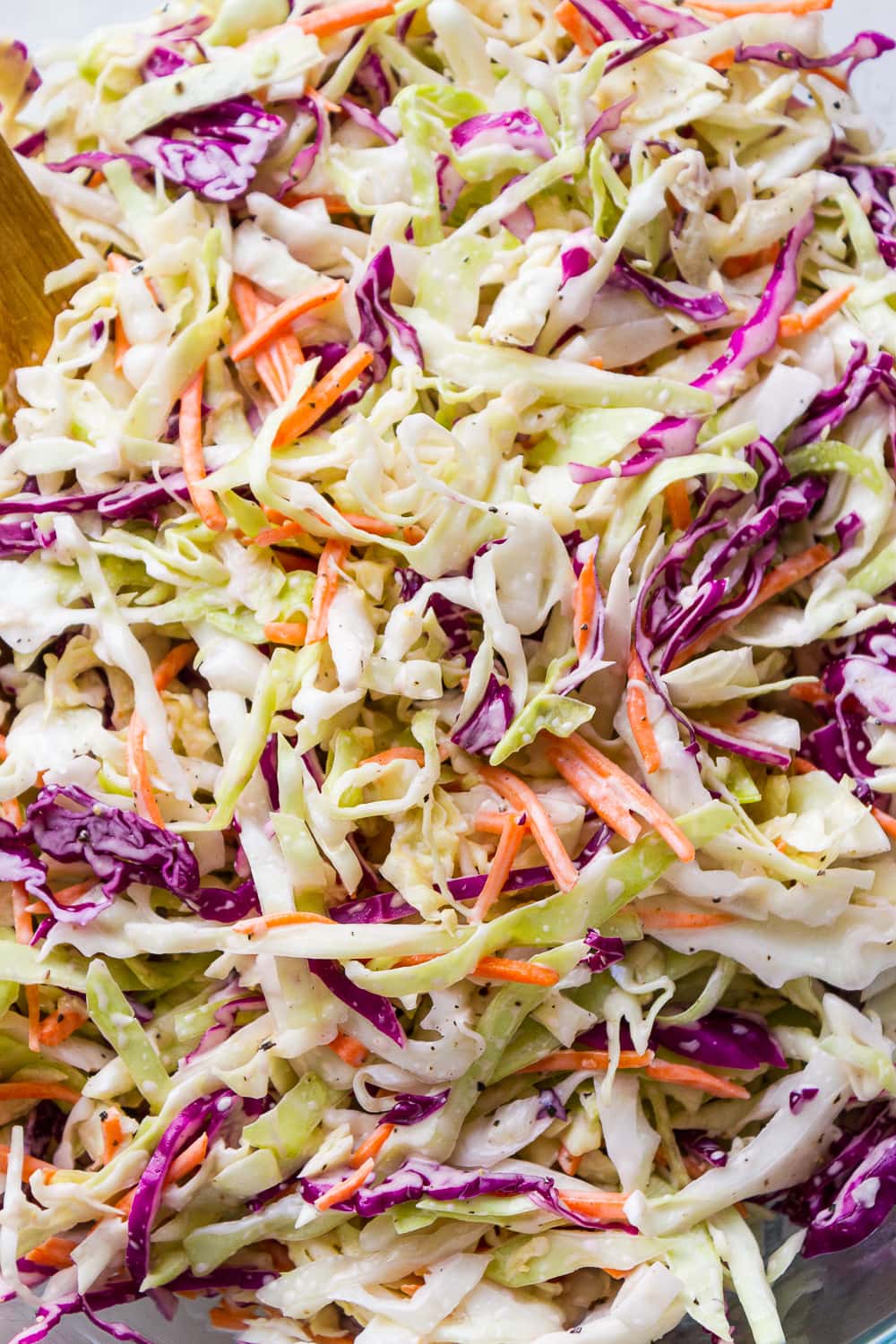 up close view of creamy vegan coleslaw.