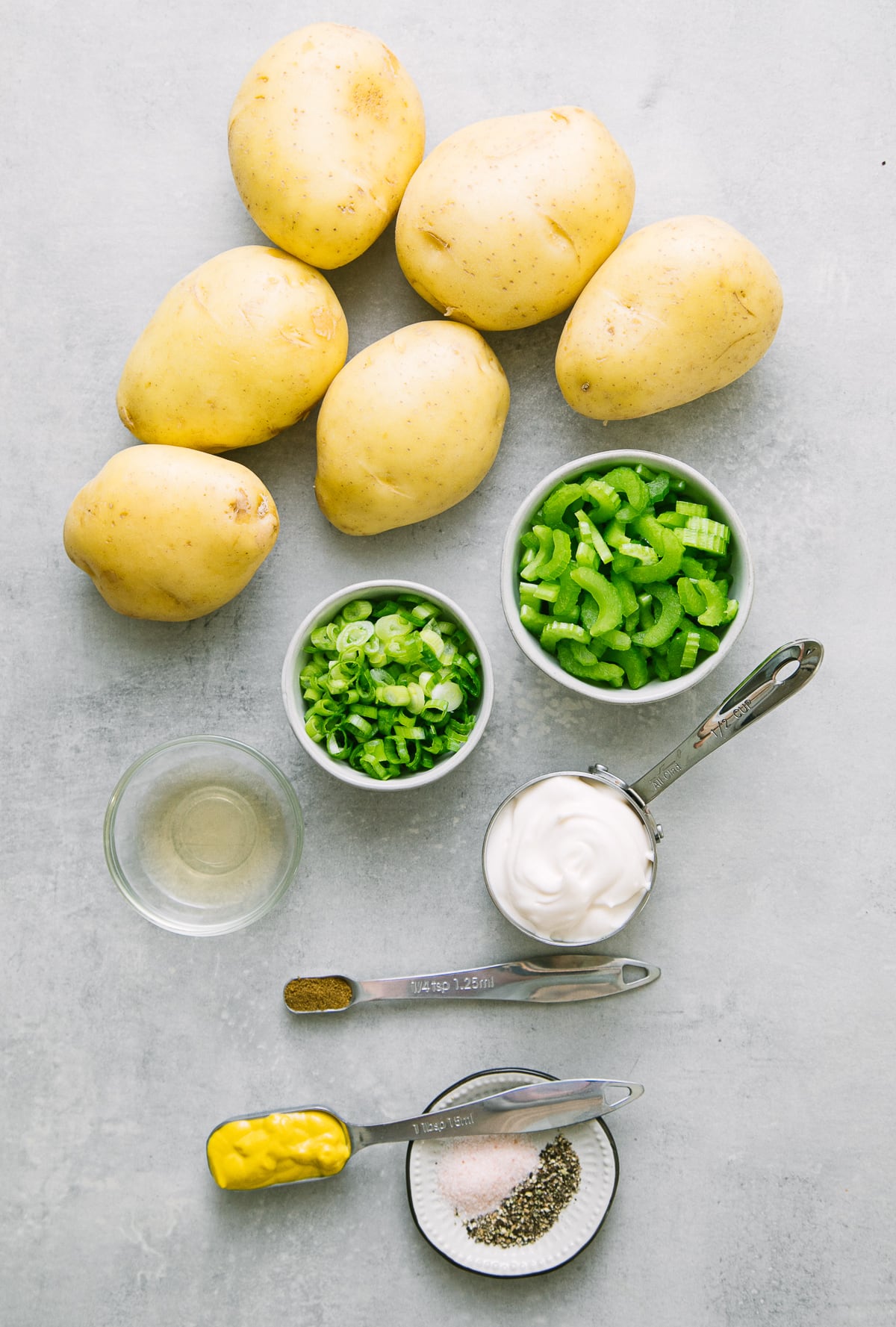 top down view of ingredients used to make the best vegan potato salad recipe.