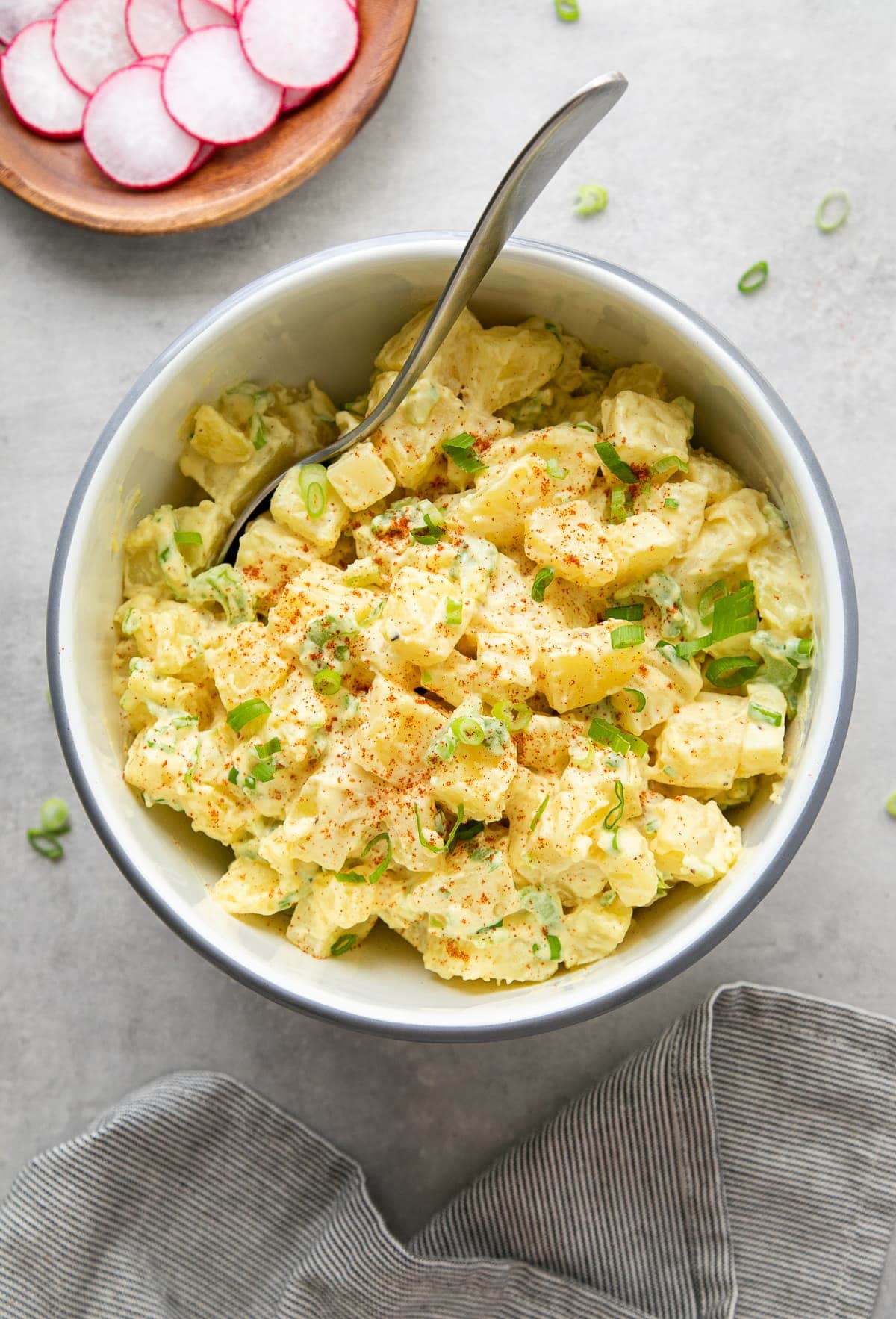 top down view of freshly made vegan potato salad.