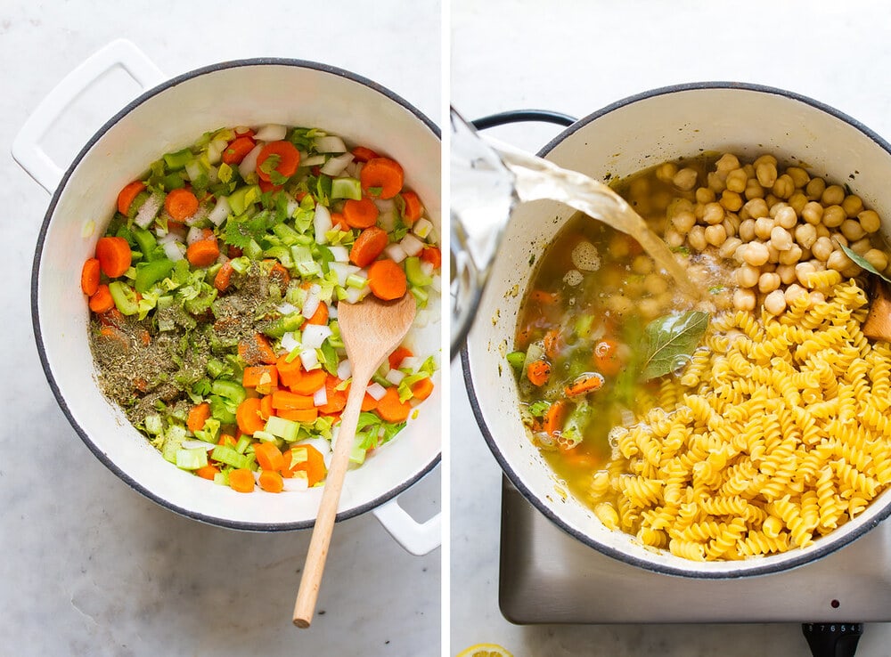 top down view of the process of making chickpea noodle soup in a white pot.