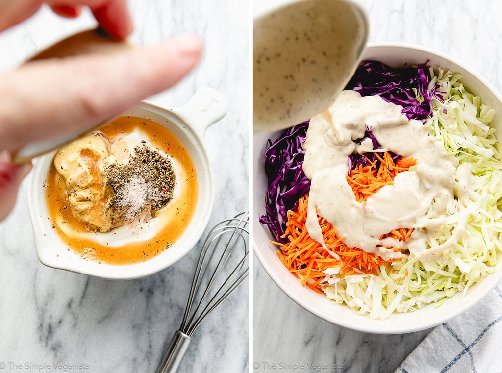 side by side process shots of making coleslaw dressing and assembling vegan slaw.