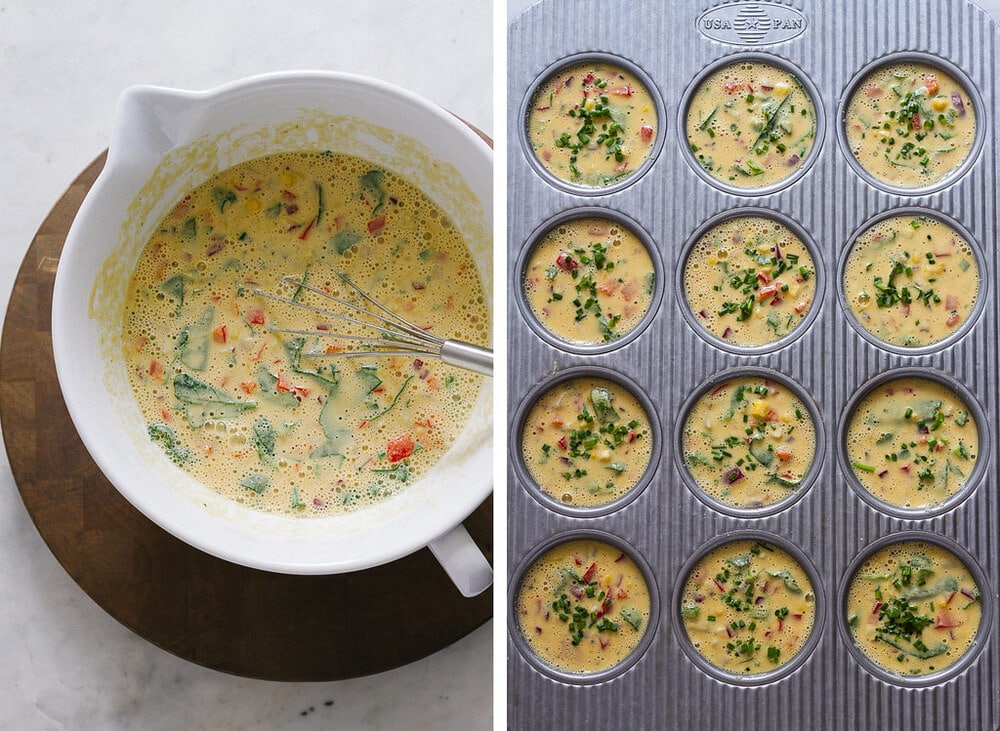 side by side photos of the process of adding the chickpea flour frittata batter to muffin tin holes.