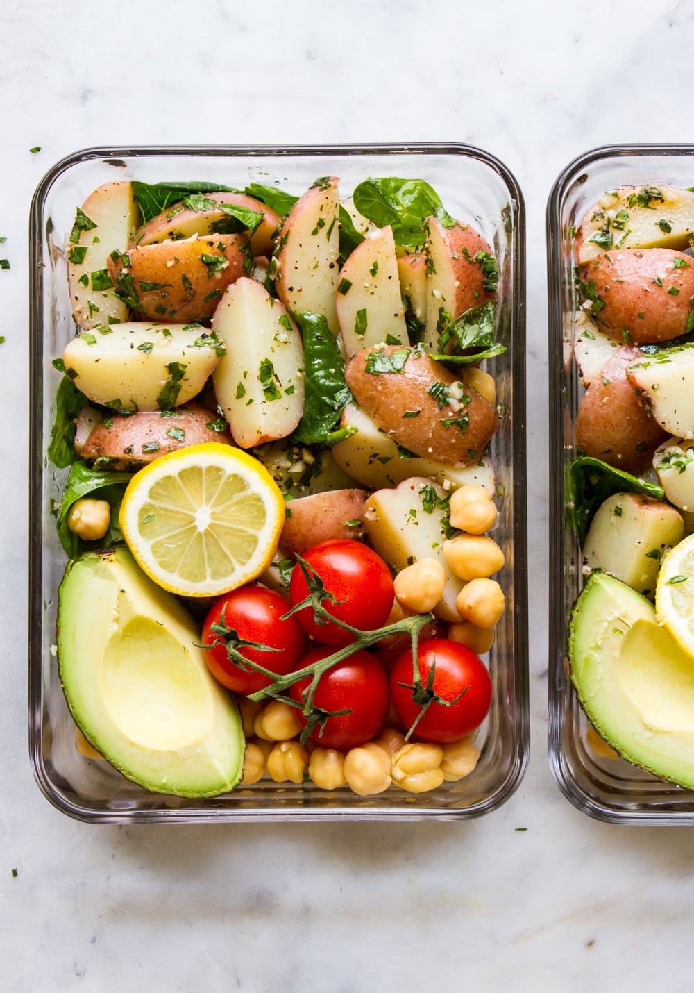 top down view of fresh herb potato salad meal prep idea.