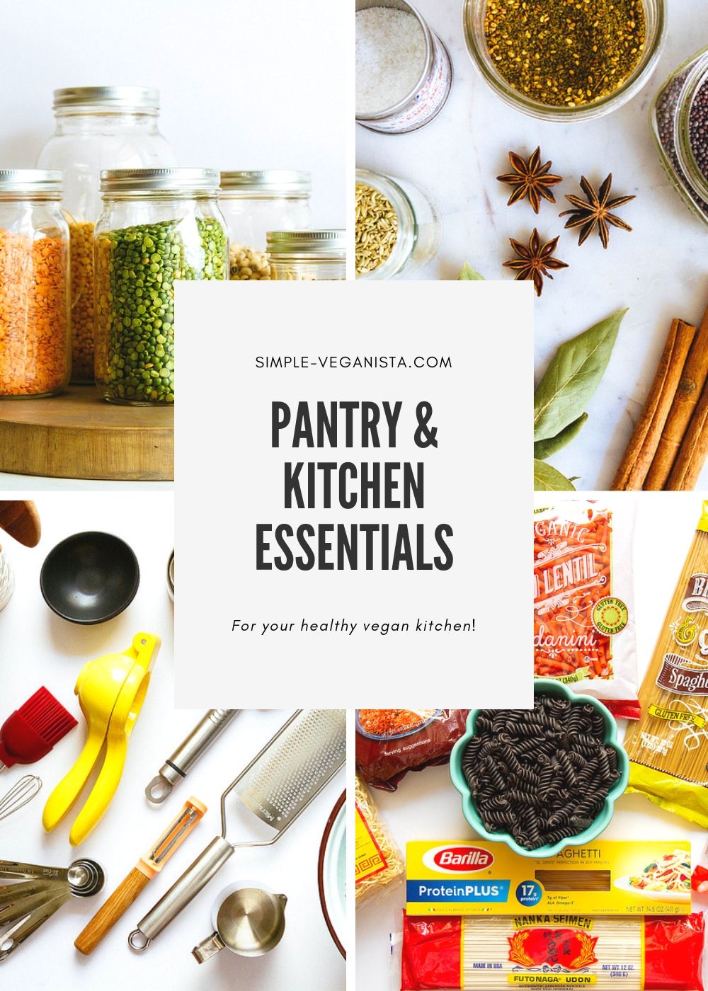 collage of pantry and kitchen essentials.