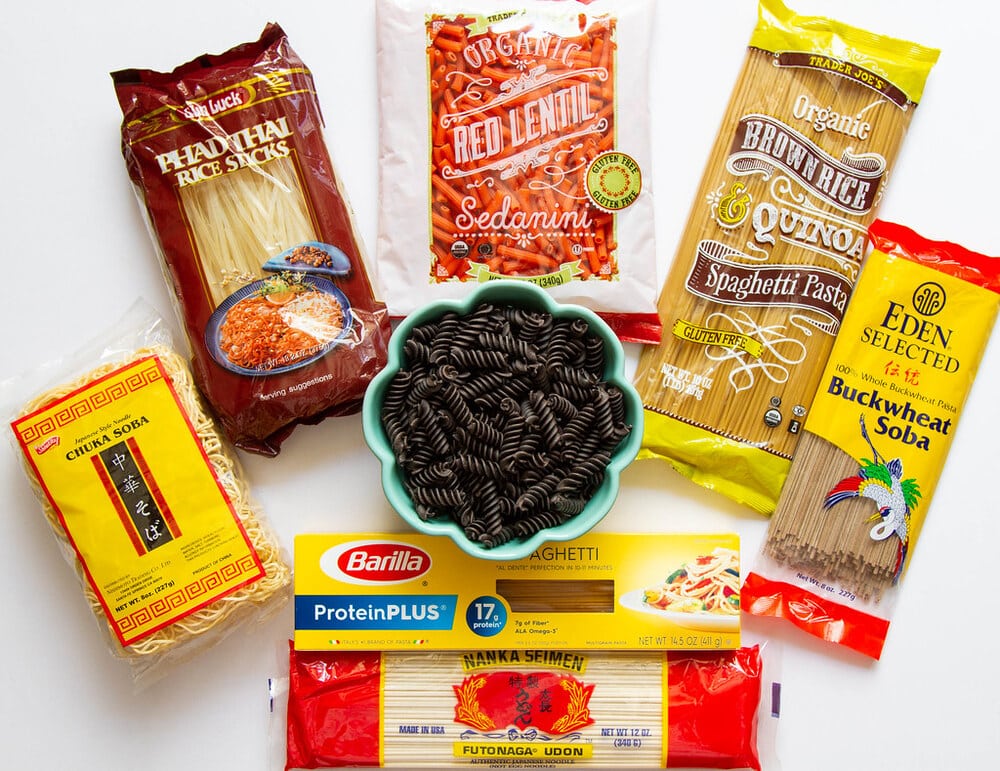 a variety of different styles of pasta for a vegan pantry.
