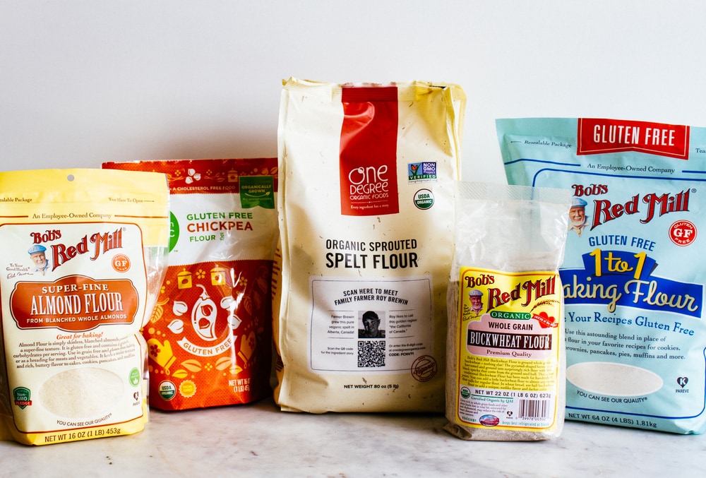 an assortment of healthy flours for a vegan pantry.
