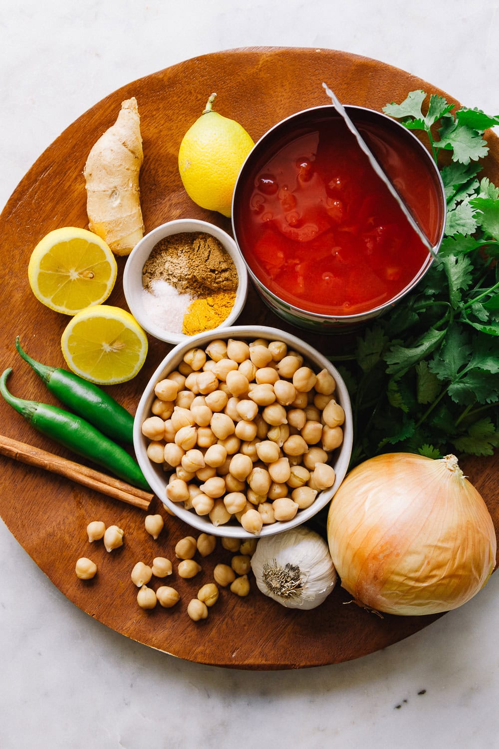 top down view of ingredients for easy chana masala recipe