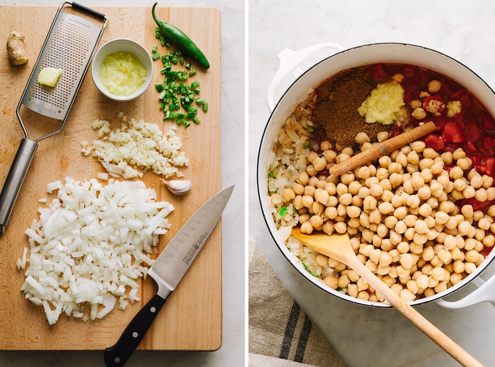 side by side photos of process of prepping ingredients for easy chana masala recipe.