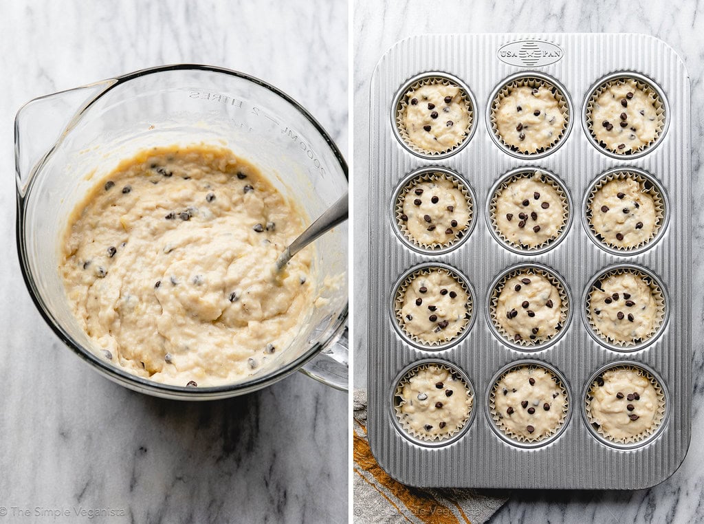 side by side process steps of muffin batter and filled muffin tin ready for the oven.