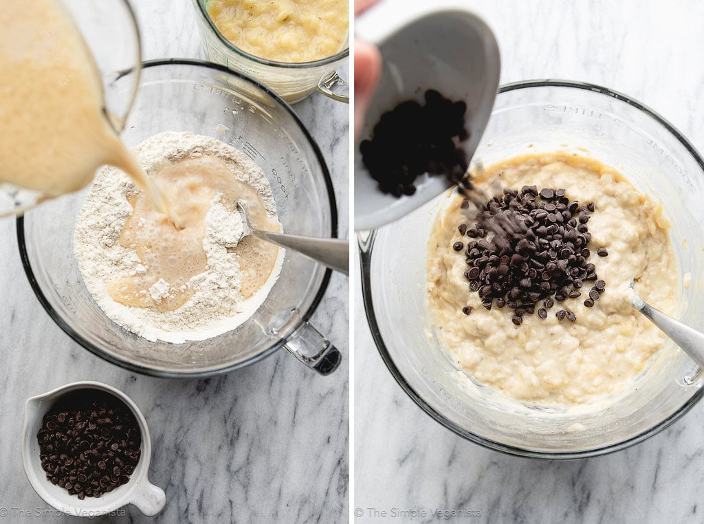 side by side process steps of making vegan muffin batter.