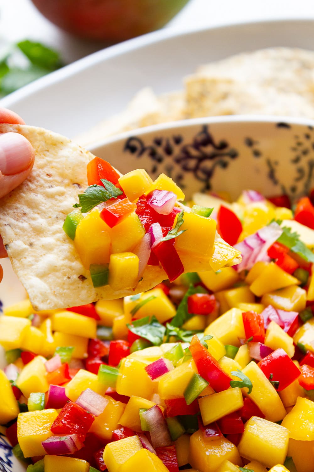side angle view of a tortilla chip scooping up mango salsa from a bowl.