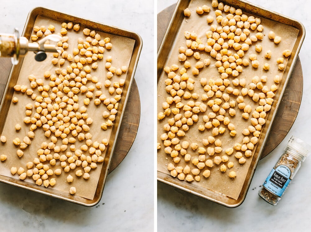 side by side photos of the process of seasoning chickpeas before roasting in the oven.