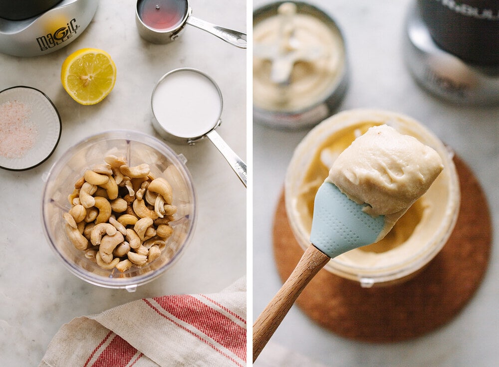 side by side photos of the process of making coconut cashew buttercream frosting.