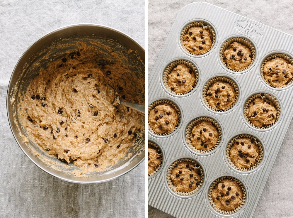 side by side photos of the process of mixing vegan banana chocolate chip batter and scooping into lined muffin tin.