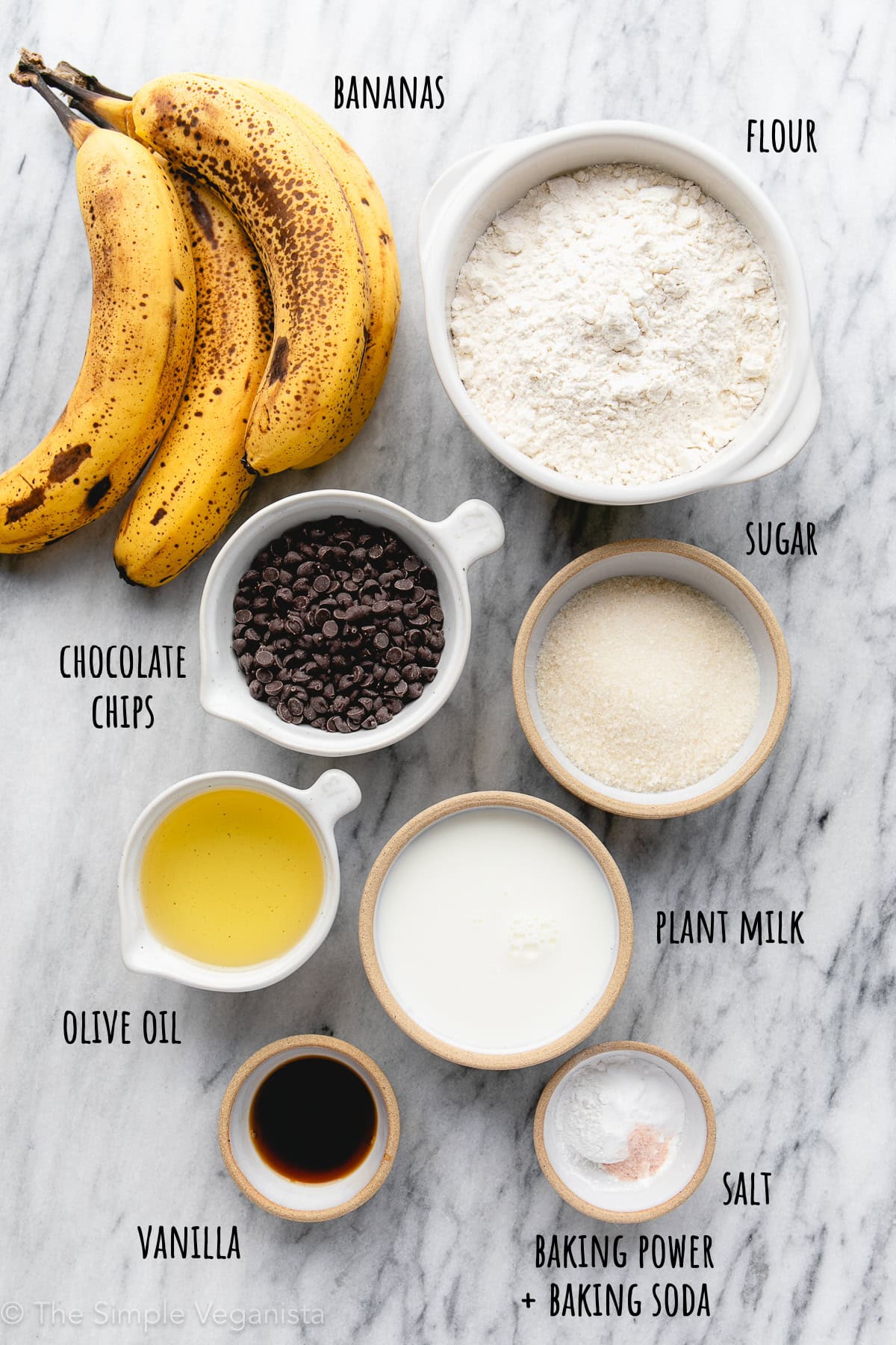 top down view of ingredients used to make vegan banana chocolate chip muffins recipe.