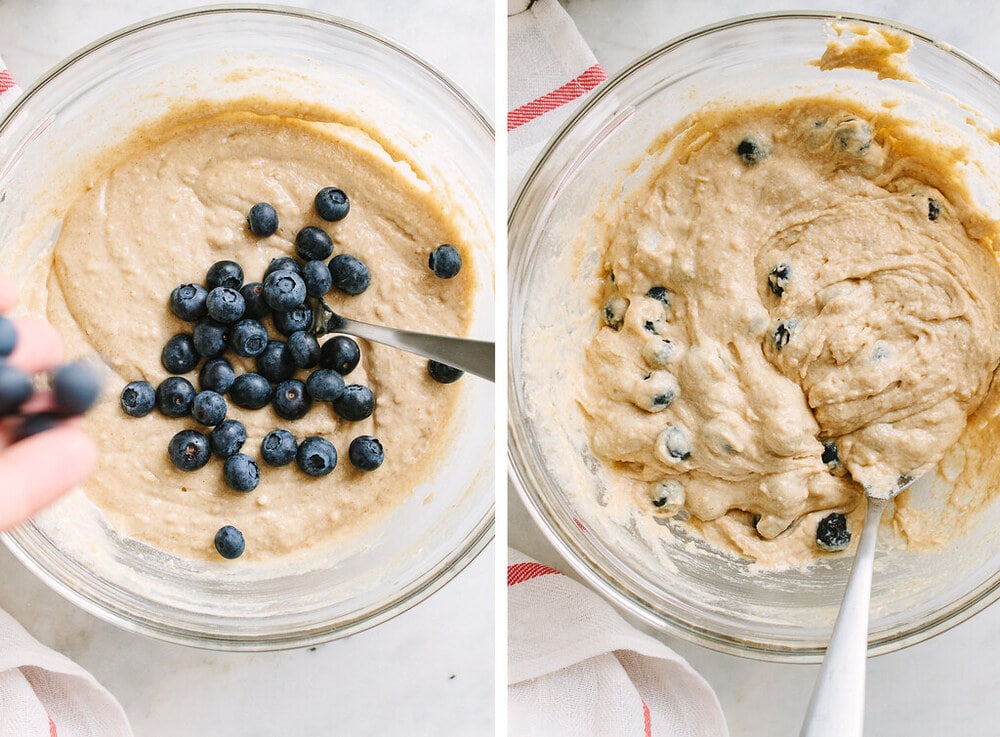 side by side photos of process of blending blueberries into vegan blueberry muffin batter.