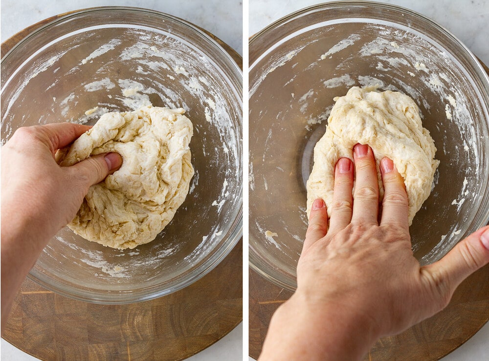 side by side photos of the process of kneading naan bread dough.