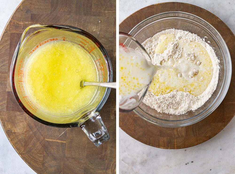 top down view of process of pouring wet ingredients into flour mixture.