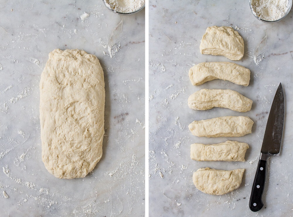 top down view of process of cutting dough into 6 pieces.