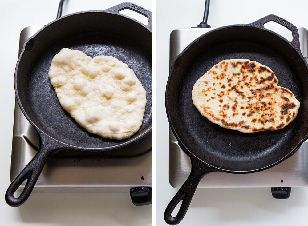 top down view of process of cooking vegan naan bread in a skillet.