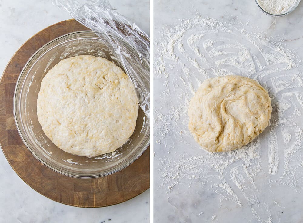 top down view of process of folding dough onto flat surface with flour.
