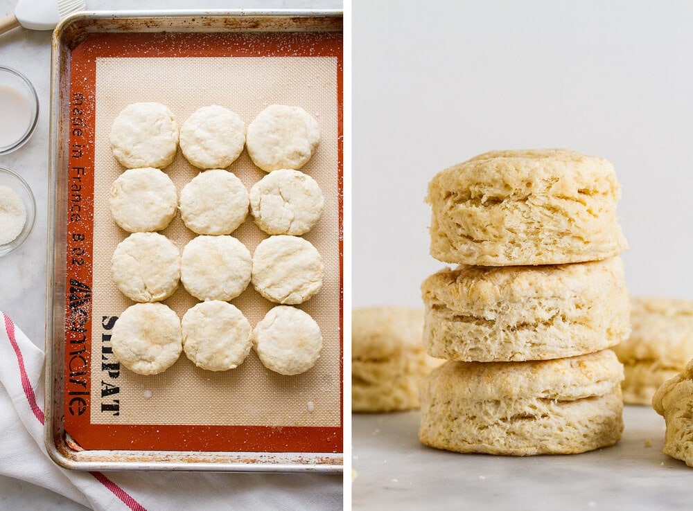 side by side photos of biscuits on a baking sheet ready for the oven and baked biscuits stacked.