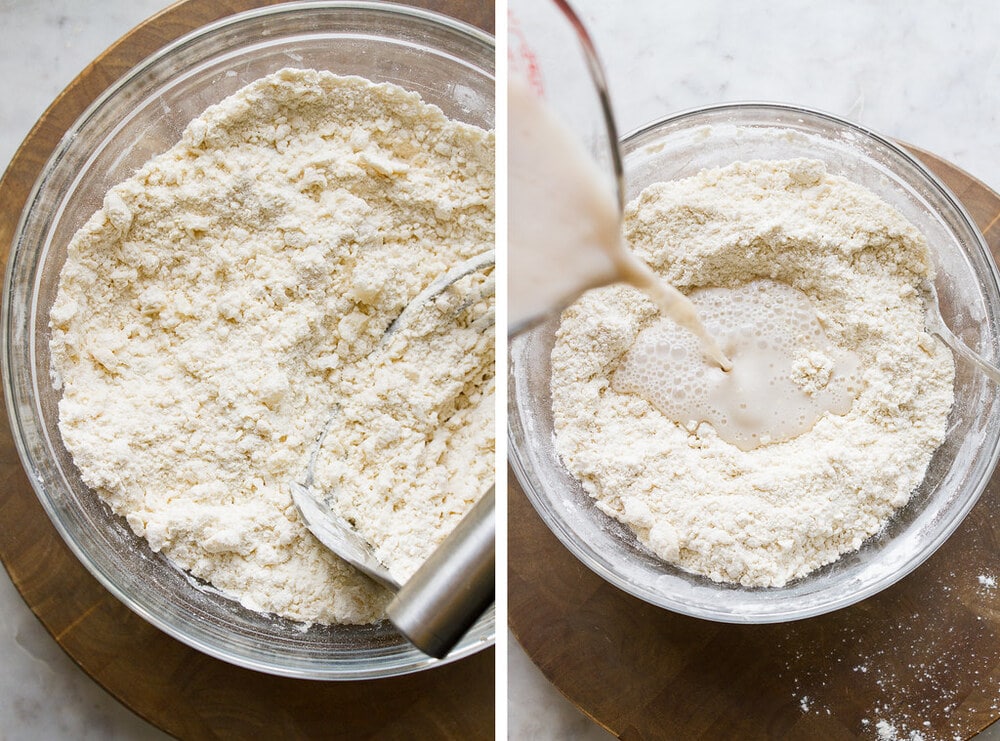side by side photos of what flour looks like after adding coconut oil and vegan milk being poured into flour.