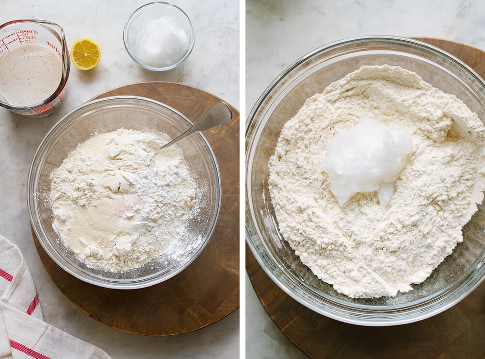 side by side photos of ingredients for shortcake biscuits in a glass mixing bowl.