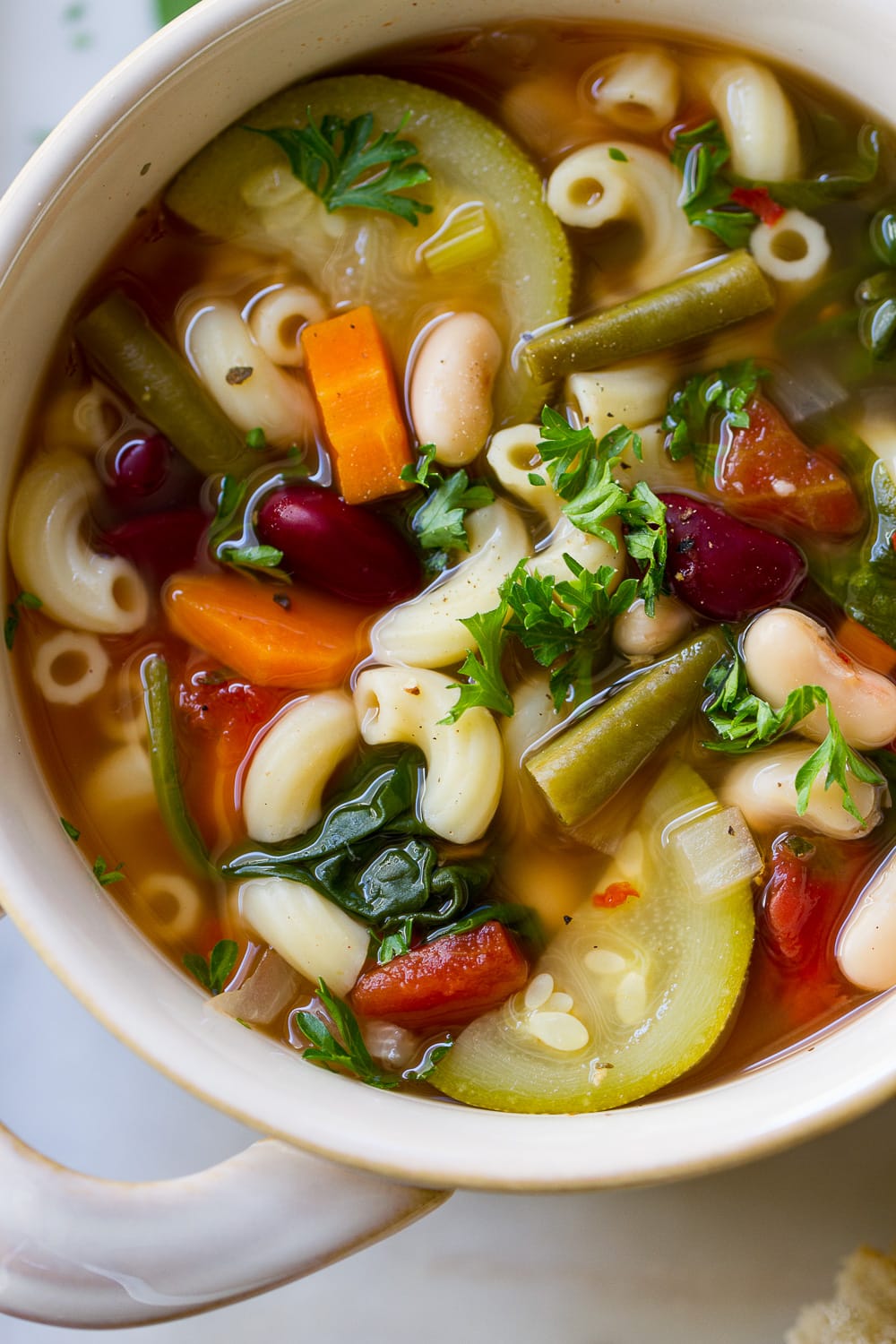 top down view of a bowl full of freshly made best slow cooker minestrone.