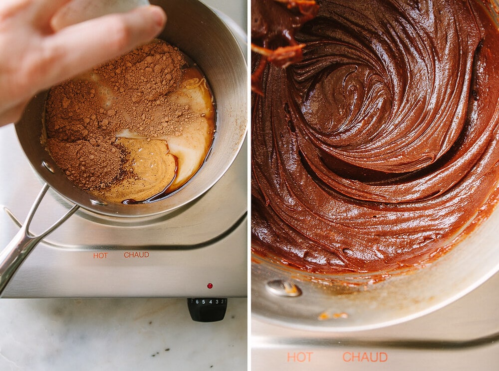 side by side photos of showing the process of warming the wet ingredients and mixing them together.