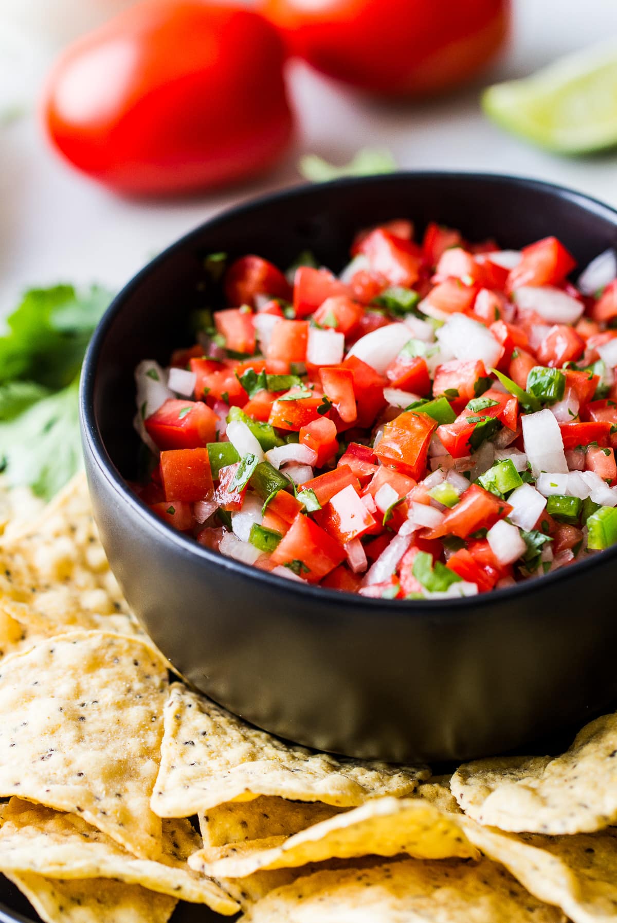 side angle view of a bowl with fresh pico de gallo surrounded by tortilla chips.