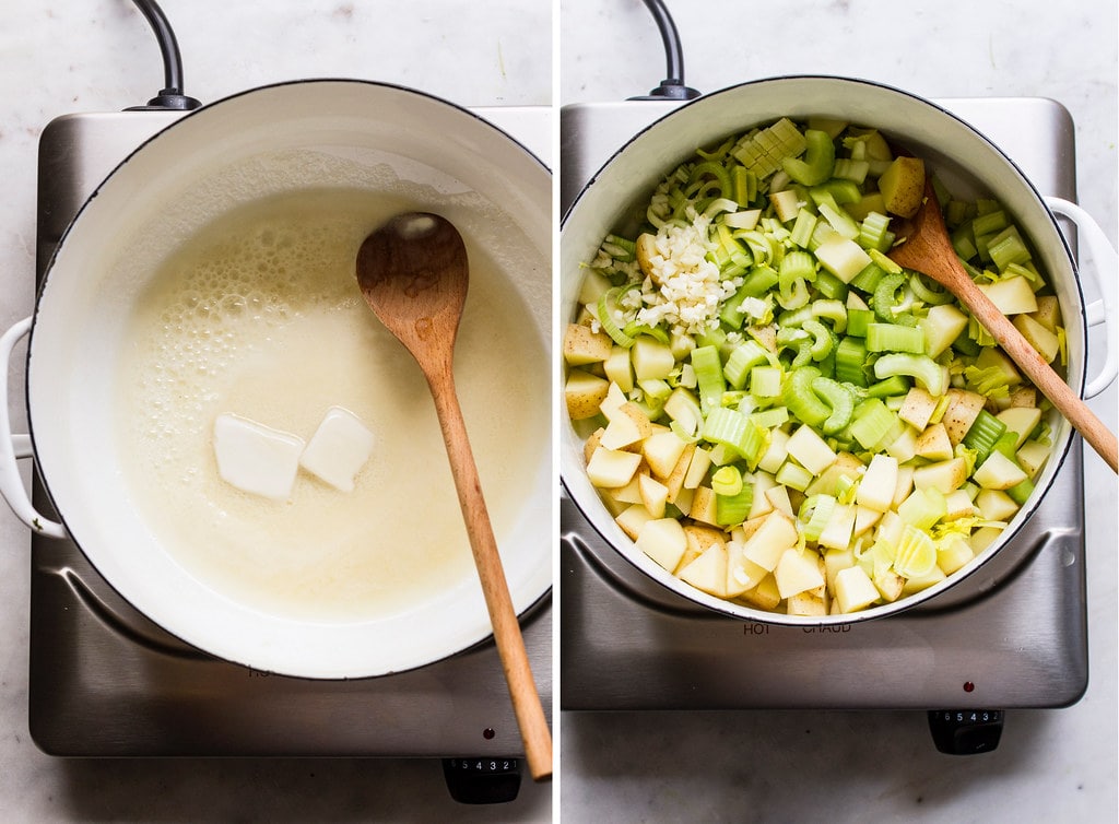 side by side photos of the process of sauteeing ingredients for vegan celery soup.