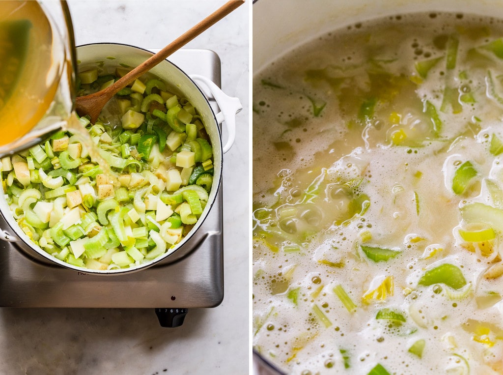 side by side photos showing to process of simmering simple celery soup.