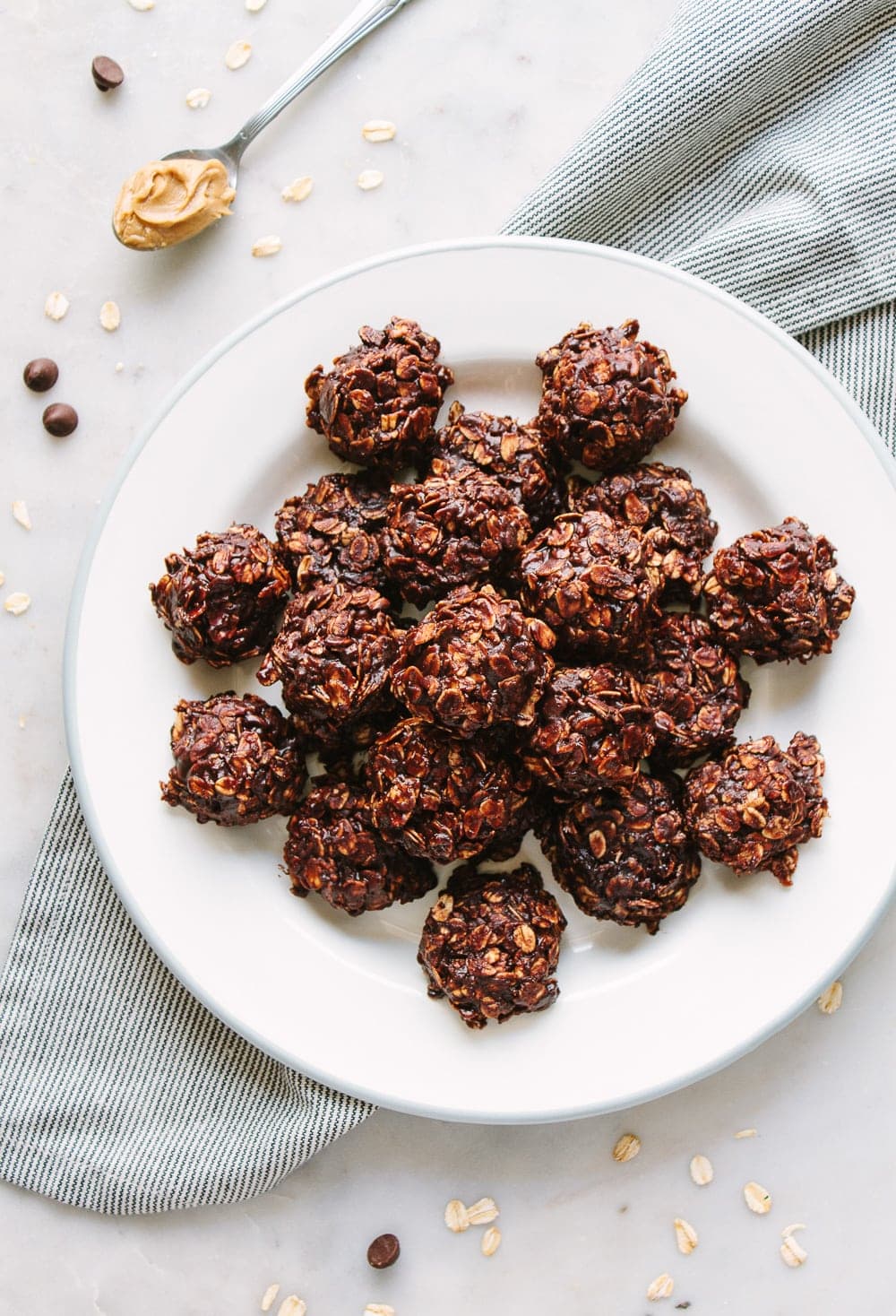 top down view of a plate full of chocolate peanut butter no bake cookies.