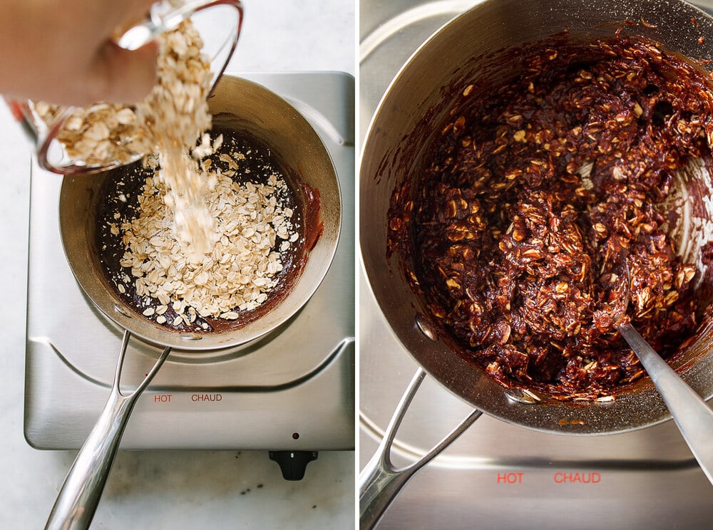 top down view of the process of adding the oats to the warm mixture to make chocolate peanut butter no-bake cookies. 