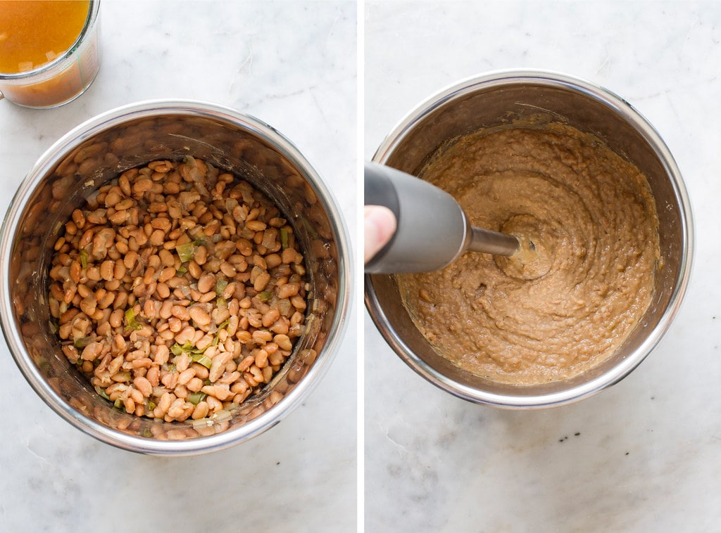 side by side photos showing the process of draining and pureeing instant pot vegan refried beans.