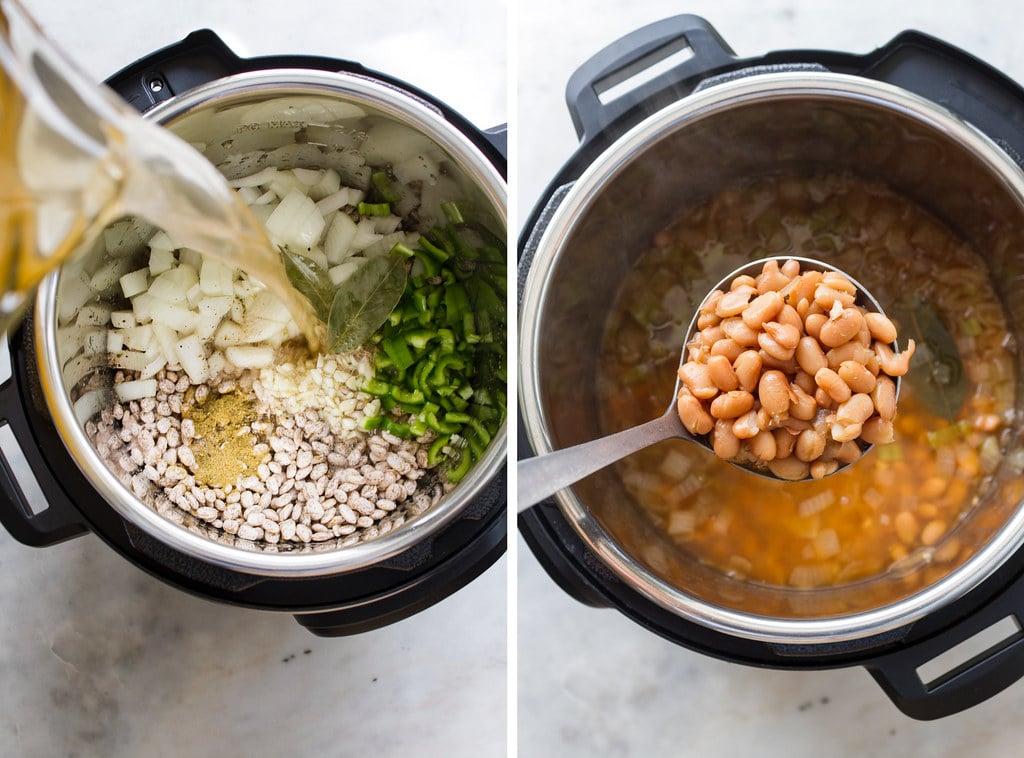 side by side photos of the process of making instant pot vegan refried beans.