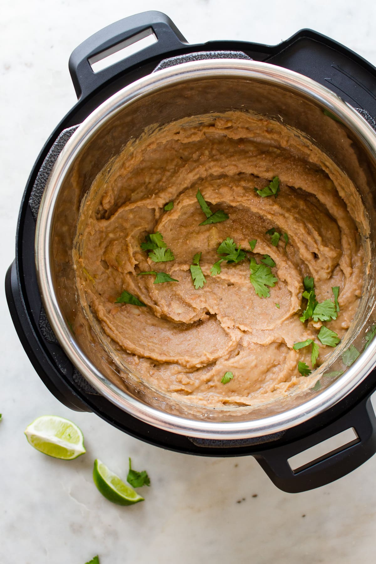 top down view of vegan refried beans made in a instant pot.