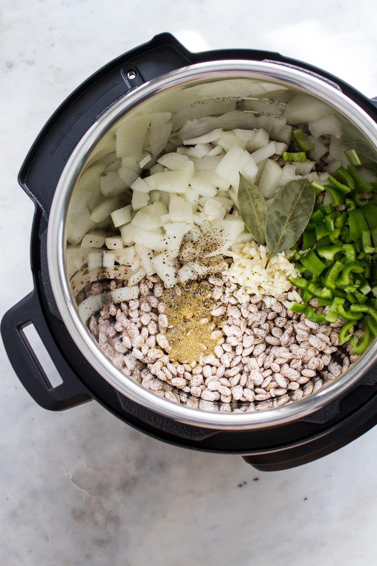 top down view of ingredients to make refried beans added to an instant pot.