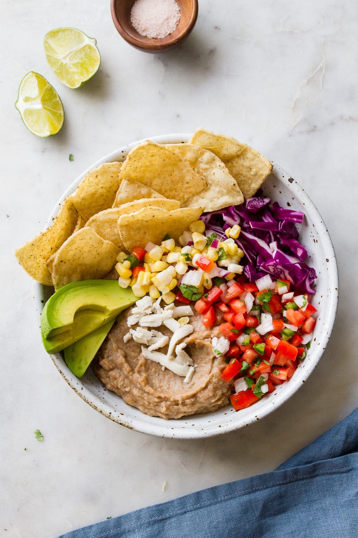 top down view of easy vegan nacho bowl.