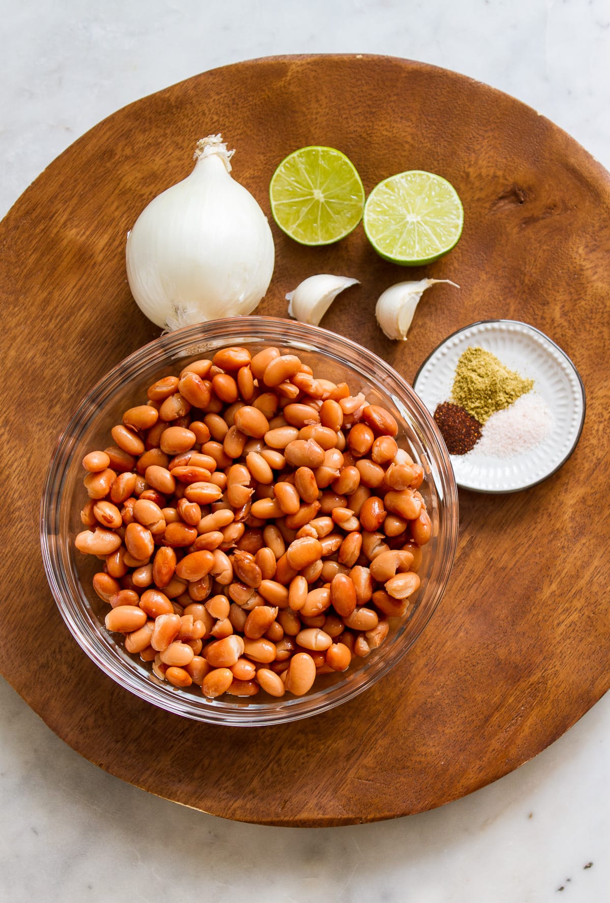 top down view of ingredients needed to make easy refried beans.